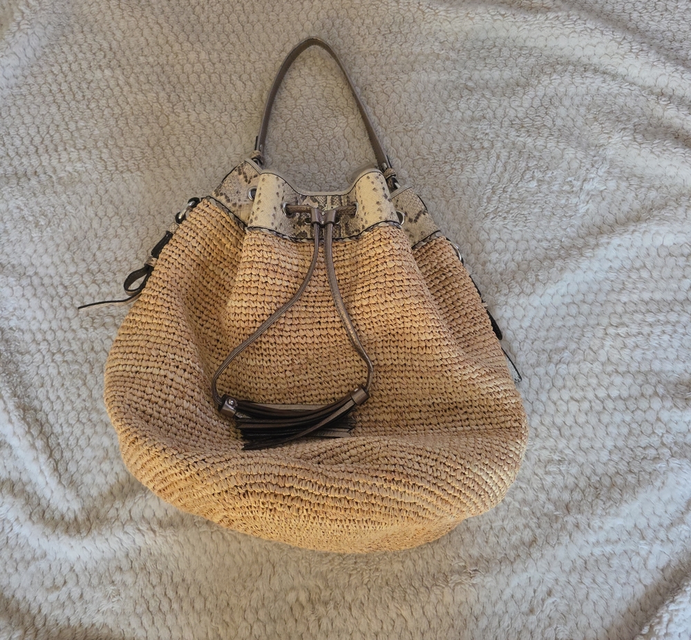 Coach Woven Straw Hobo Bag with Tassel Drawstring - Natural